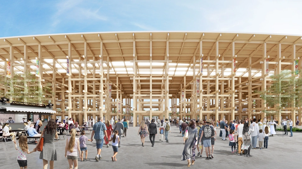 Rendered image of entrance to exhibition centre with crowds of people and a cafe to the left