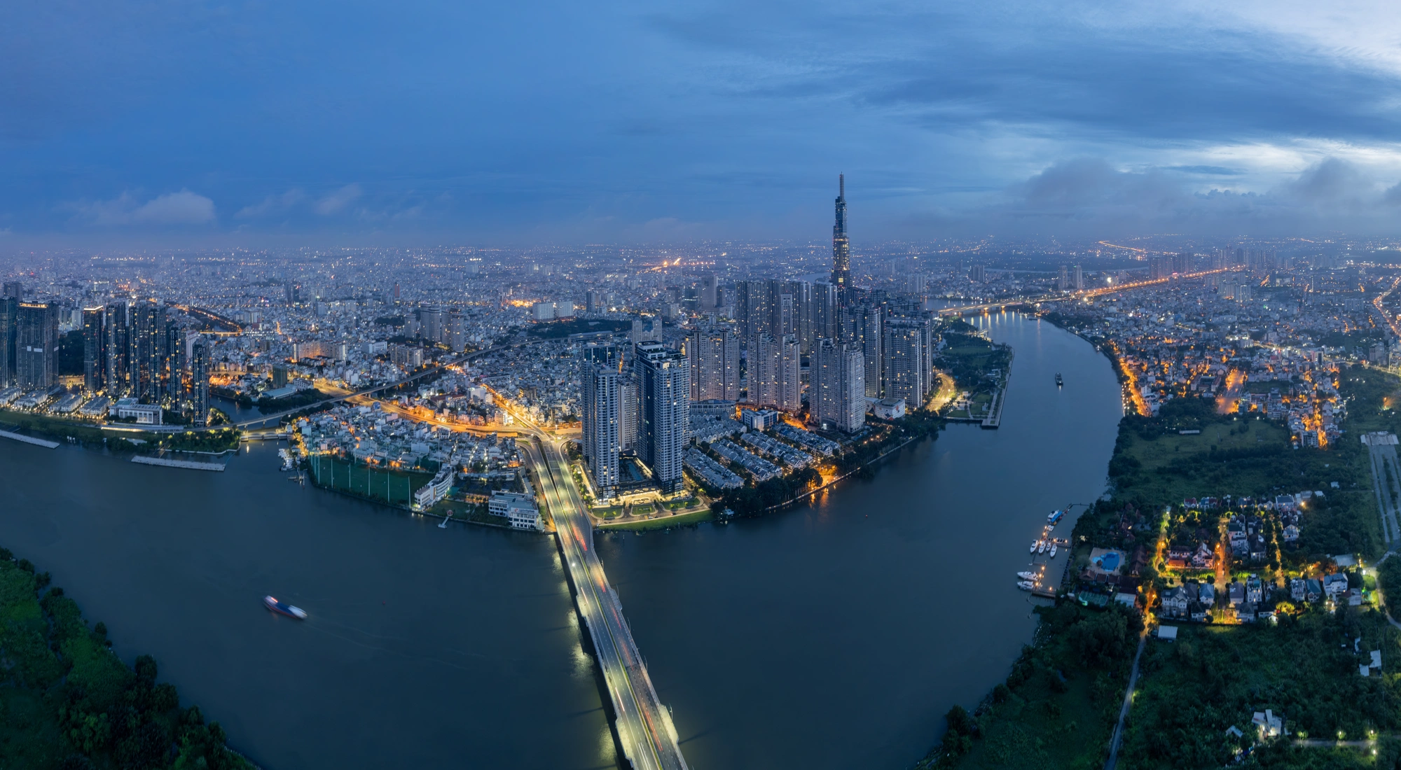 Morning view of Ho Chi Minh City skyline and the Saigon River, Vietnam.