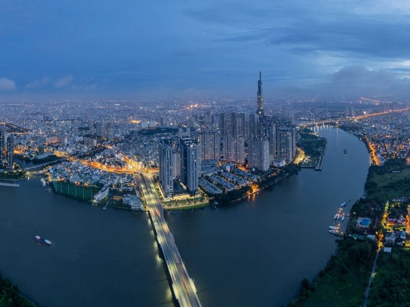Morning view of Ho Chi Minh City skyline and the Saigon River, Vietnam.