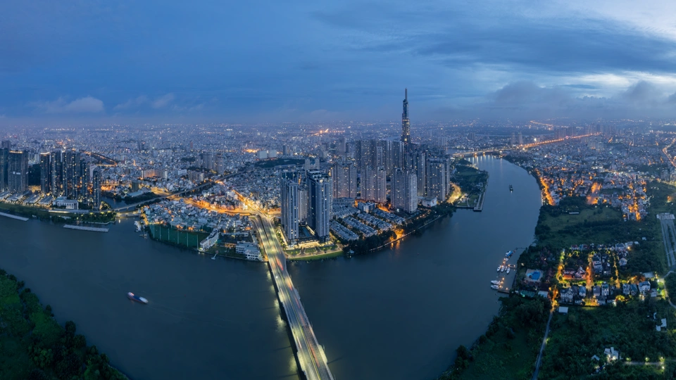 Morning view of Ho Chi Minh City skyline and the Saigon River, Vietnam.