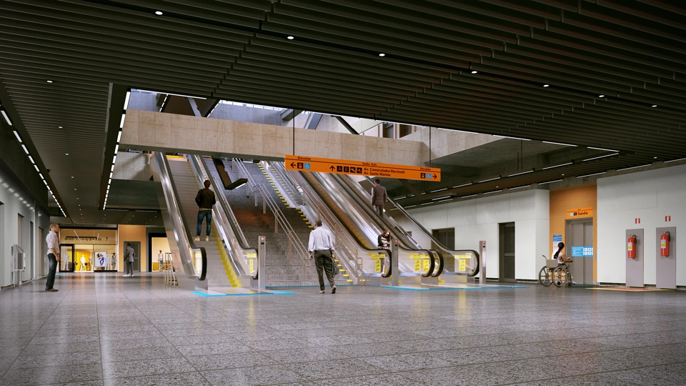 Rendering of metro station and escalators, Sao Paolo, Brazil
