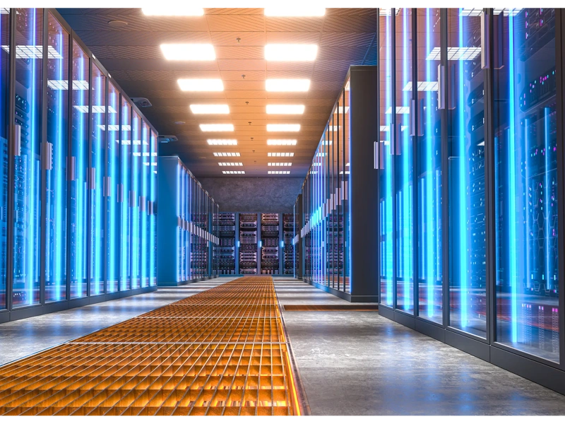 Modern server room with bright blue lights illuminating the corridor and server racks