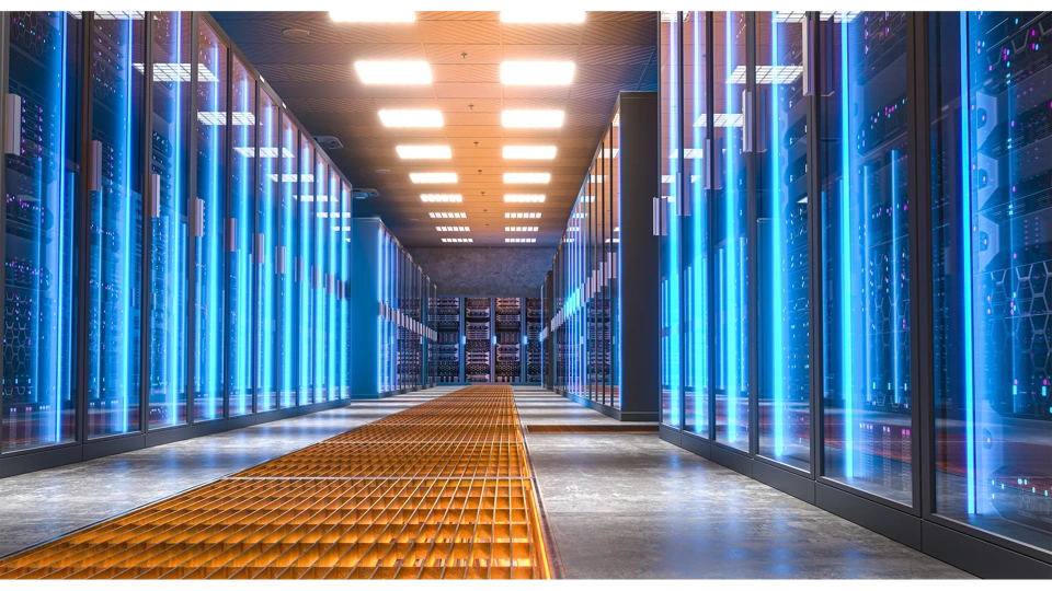 Modern server room with bright blue lights illuminating the corridor and server racks