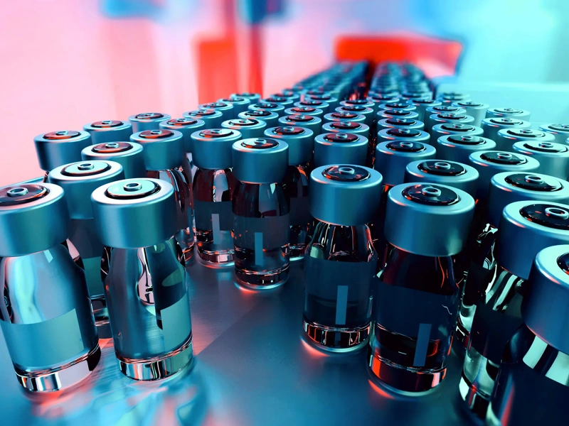 Large group of glass vials in a lab on a metal tray