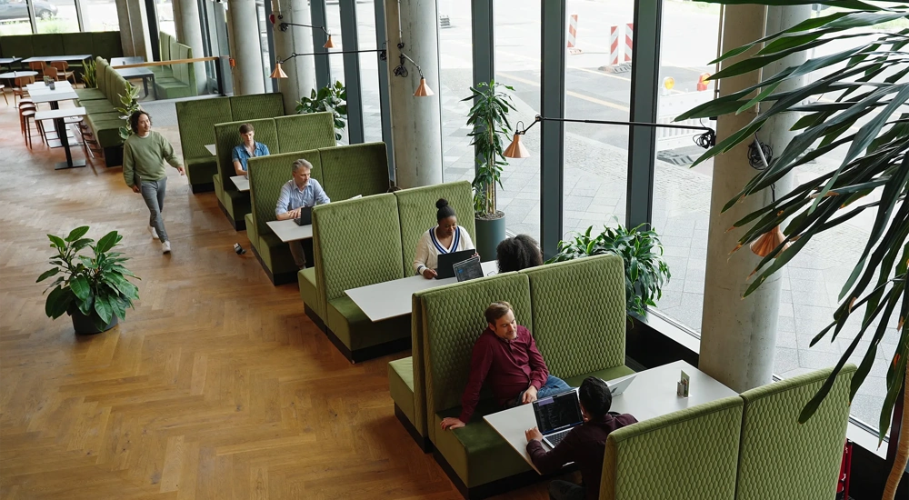Modern office lounge with green booth seating, large windows and people working and meeting.