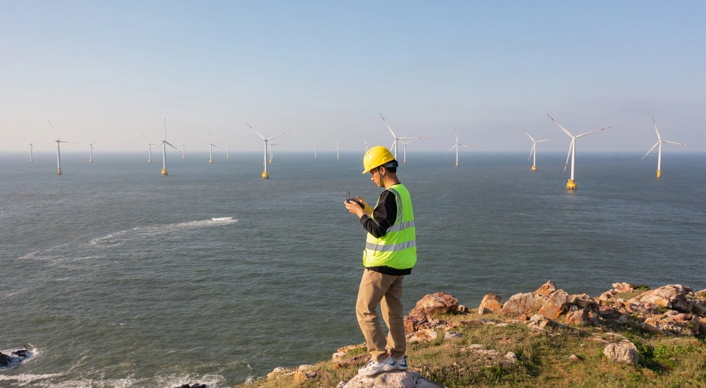 Engineer in high-vis vest in front of an ocean of offshore wind turbines