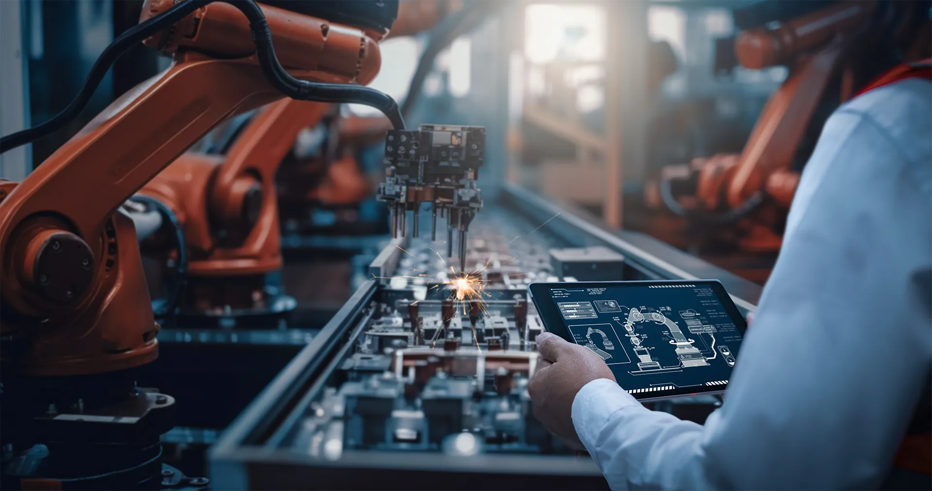 Engineers test the control of robot arm, Intelligent machine in factory industrial on real-time monitoring system software. 