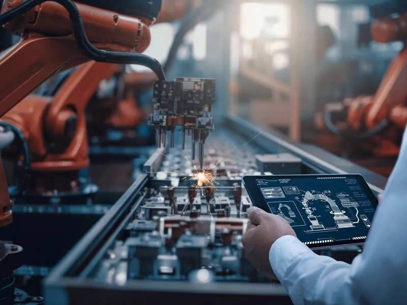 Engineers test the control of robot arm, Intelligent machine in factory industrial on real-time monitoring system software.