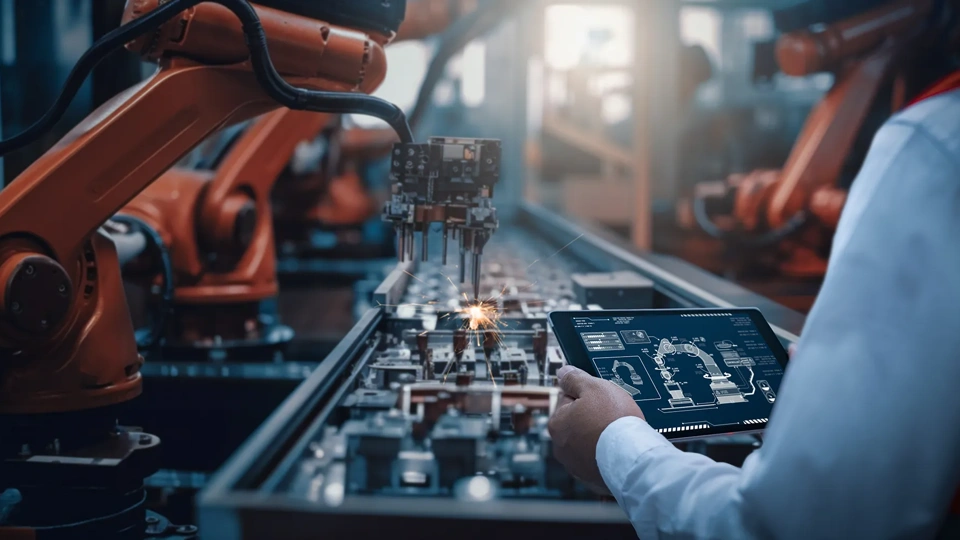 Engineers test the control of robot arm, Intelligent machine in factory industrial on real-time monitoring system software.