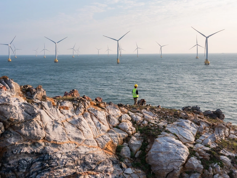 Workmen in high vis looking out over windfarm at sea.