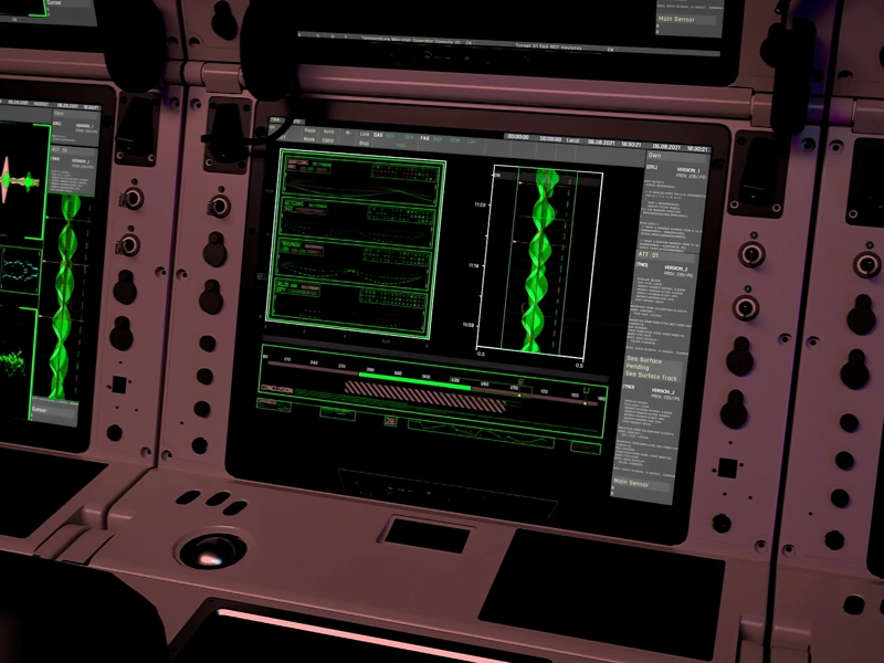 Nuclear facilities control desk with digital monitoring screens