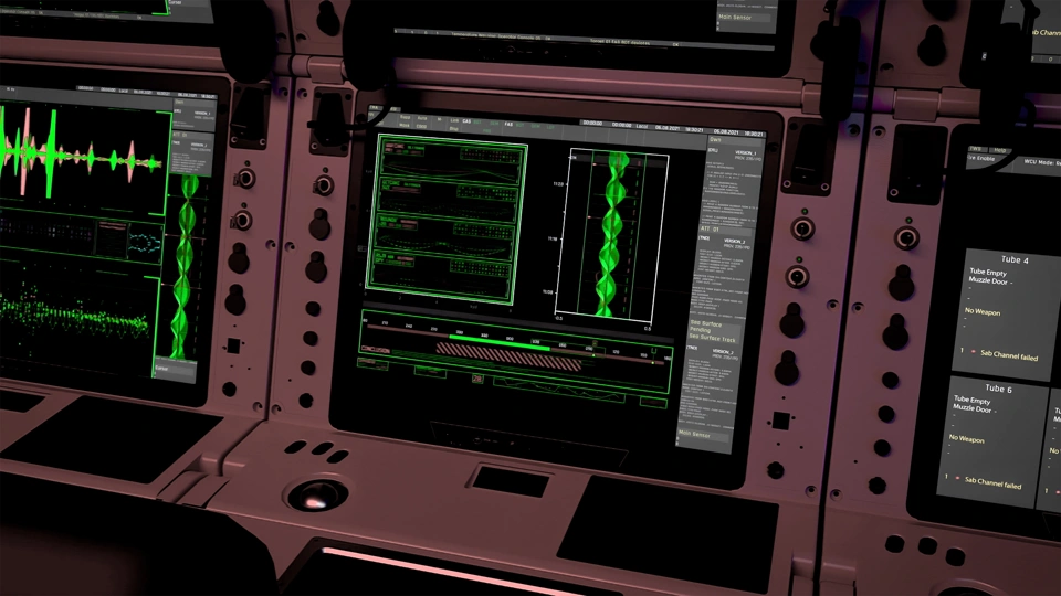 Nuclear facilities control desk with digital monitoring screens