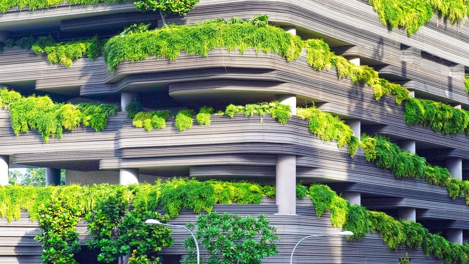 Multi storey car park with over flowing green plants