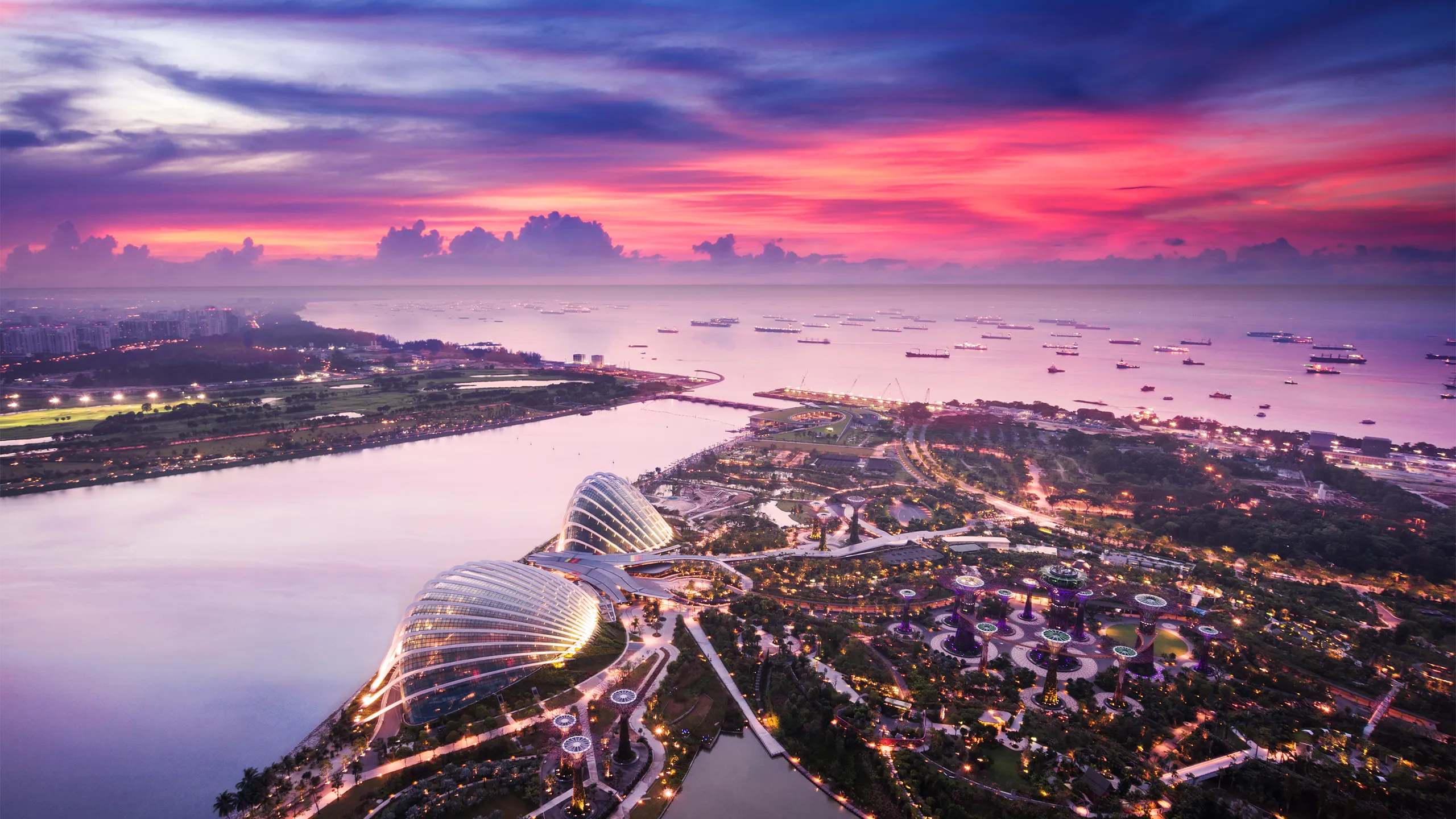 aerial view of Singapore with pink sunset