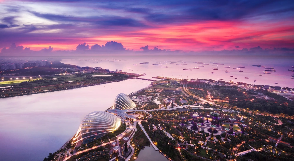 aerial view of Singapore with pink sunset