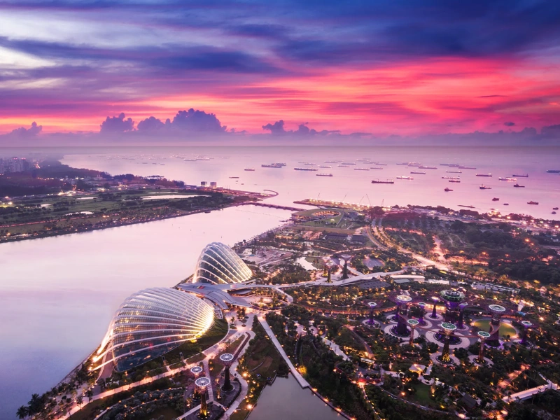 aerial view of Singapore with pink sunset