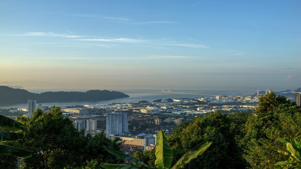 View from a high vantage point overlooking the southern part of Penang Island, including the Bayan Lepas H