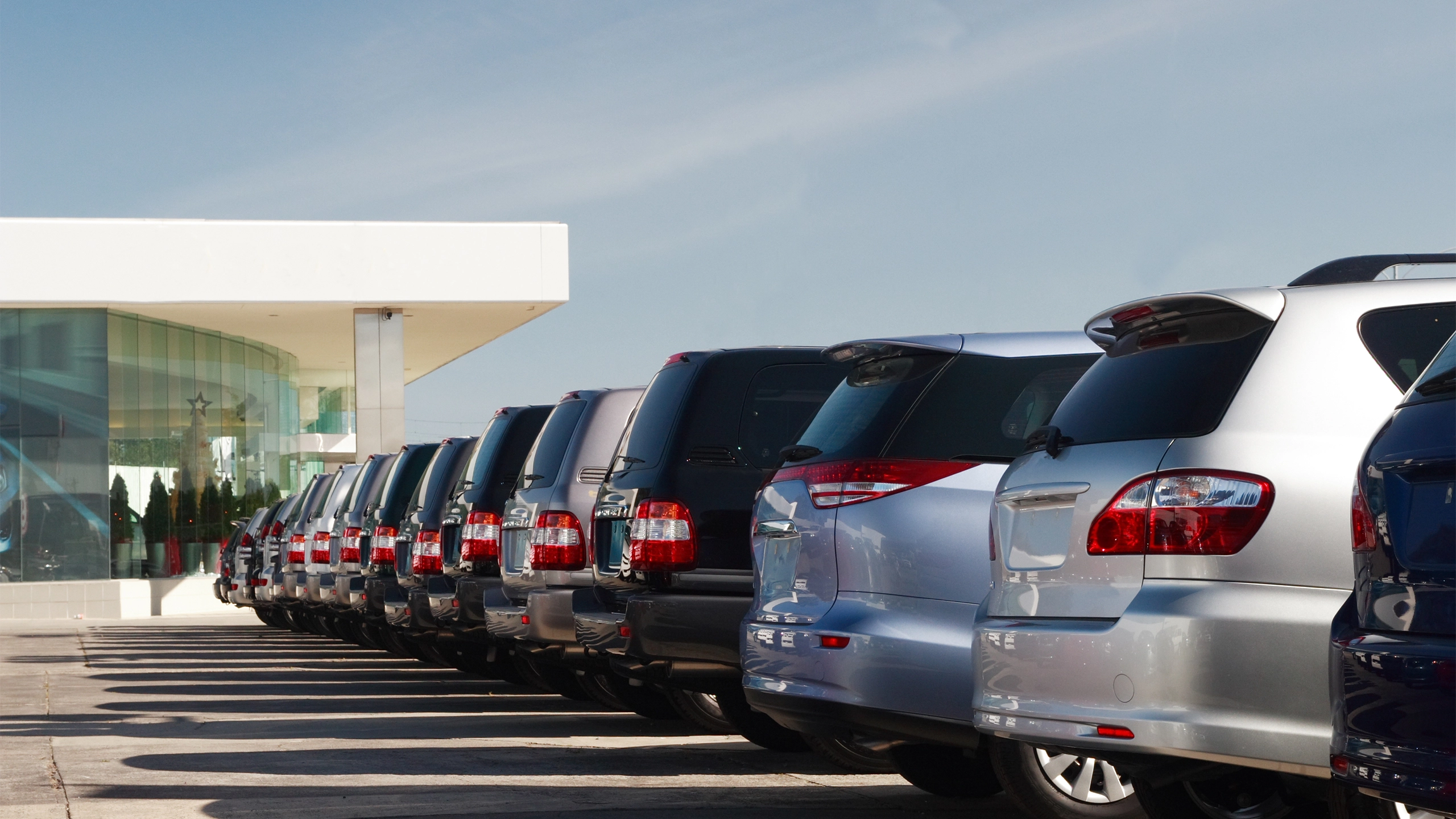 Cars parked up in a row in a car park, showing the back of the car.