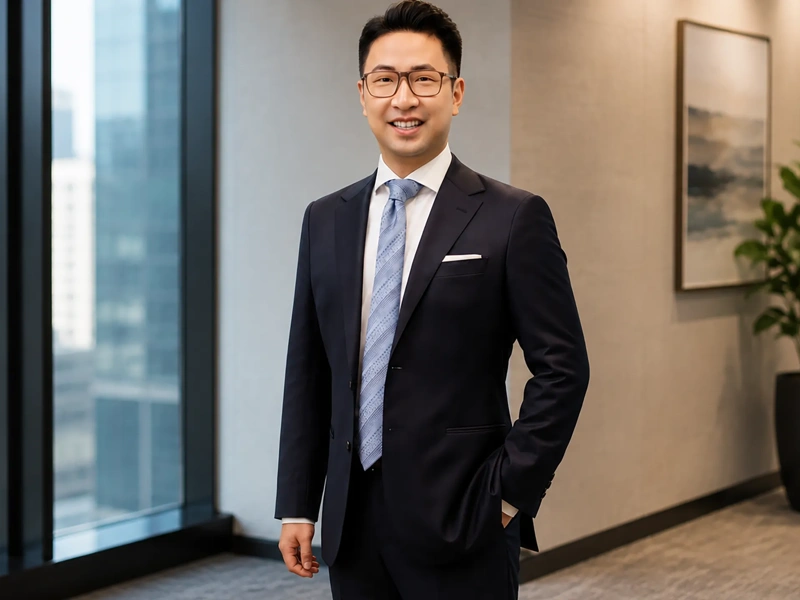 Portrait of Jeff Cho, Director, Hospitality, Resorts and Residential, Asia, standing in office with suit and blue tie.