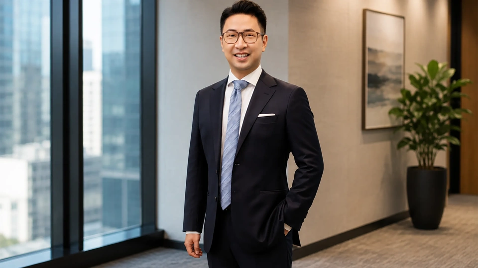 Portrait of Jeff Cho, Director, Hospitality, Resorts and Residential, Asia, standing in office with suit and blue tie.