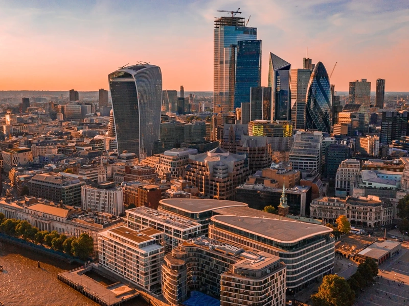 Aerial view of London Shard skyscrapers near the Tower Bridge.