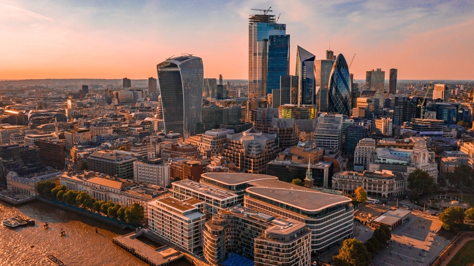 Aerial view of London Shard skyscrapers near the Tower Bridge.