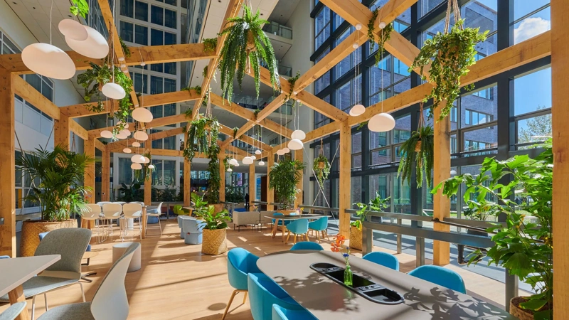 Bright interior of Shell's Energy Transition Campus with wooden beams and hanging plants, Amsterdam, The Netherlands