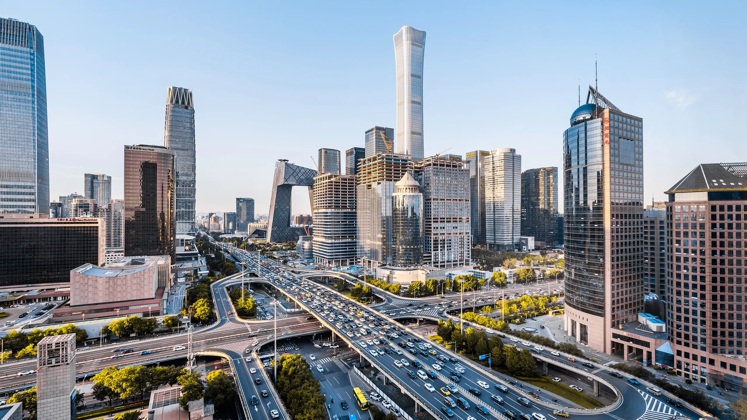 High-angle view of the CBD building complex near the Guomao Interchange in Beijing, China