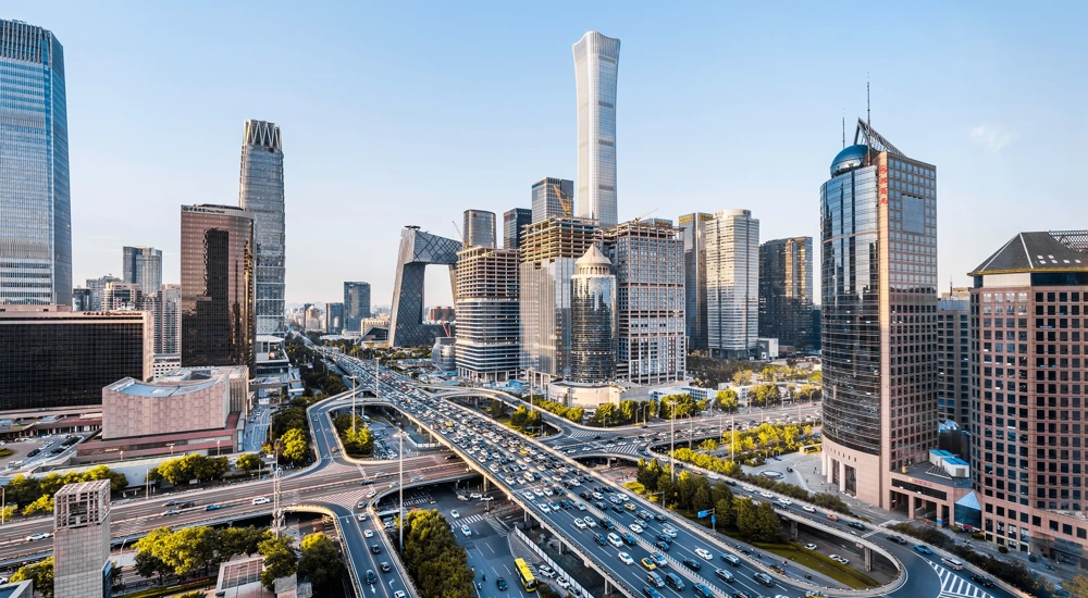 High-angle view of the CBD building complex near the Guomao Interchange in Beijing, China
