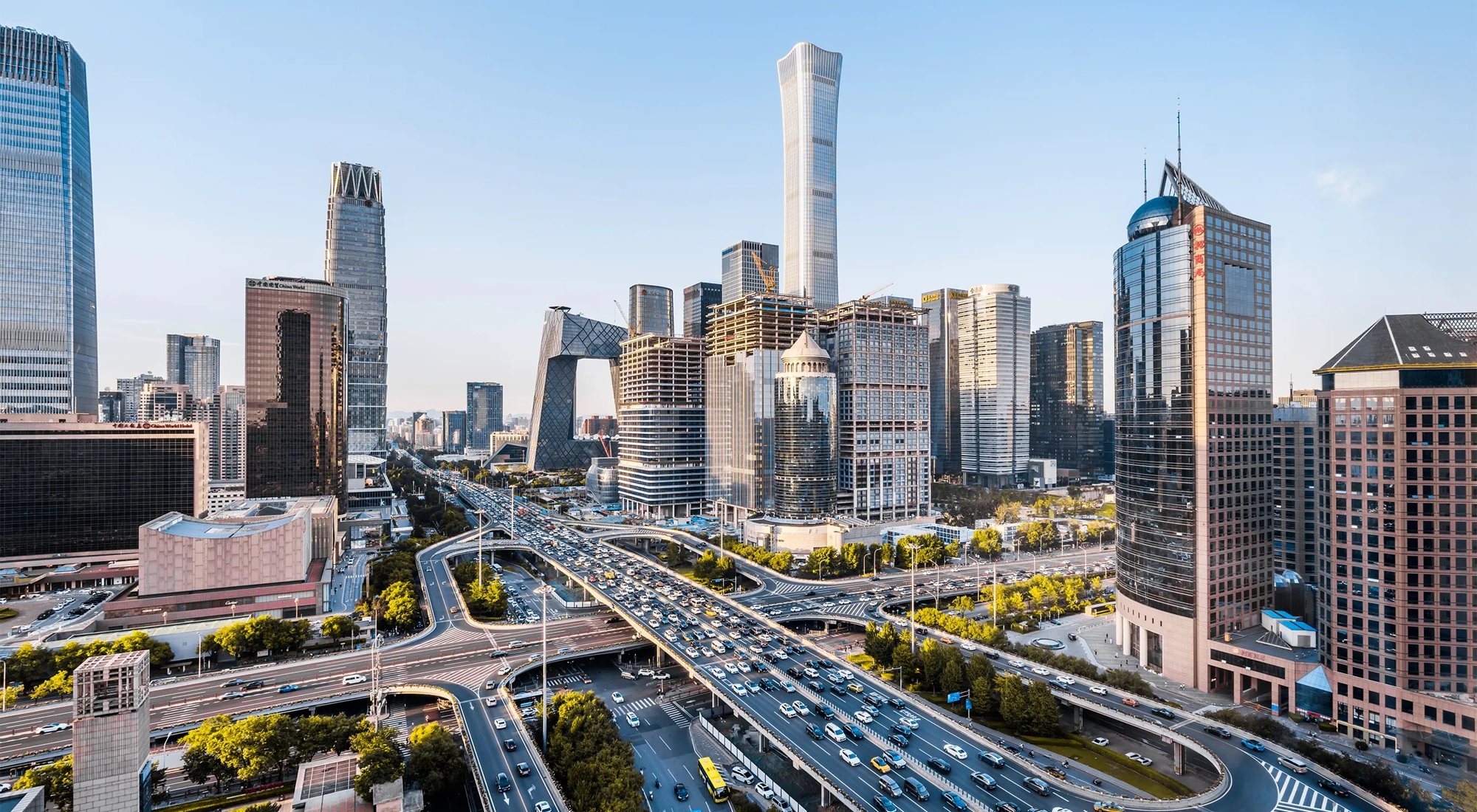 High-angle view of the CBD building complex near the Guomao Interchange in Beijing, China