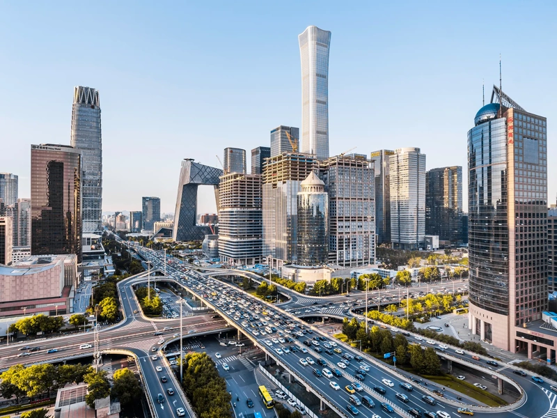 High-angle view of the CBD building complex near the Guomao Interchange in Beijing, China