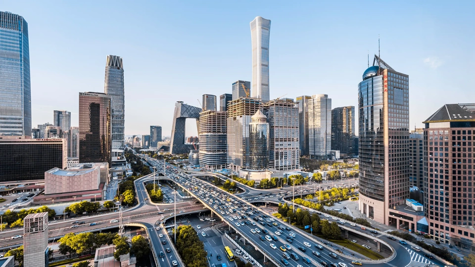 High-angle view of the CBD building complex near the Guomao Interchange in Beijing, China