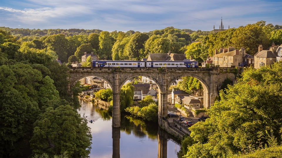 Train in Newcastle going over a bridge suspended over water in amongst leafy greenery