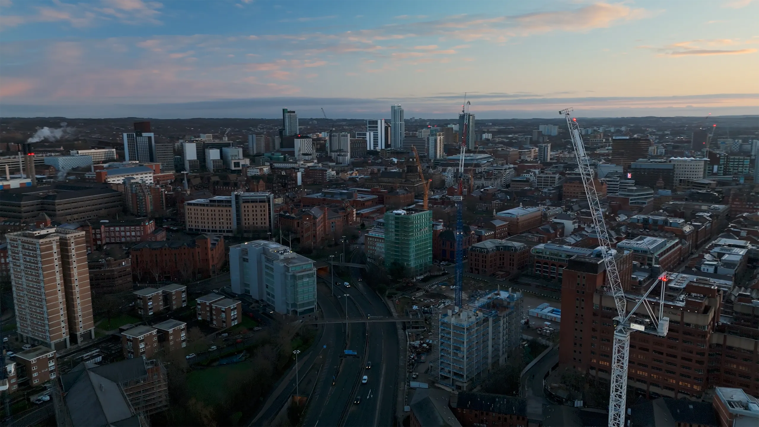 Aerial view of London skyscrapers and flats.