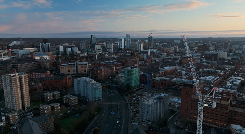 Aerial view of London skyscrapers and flats.