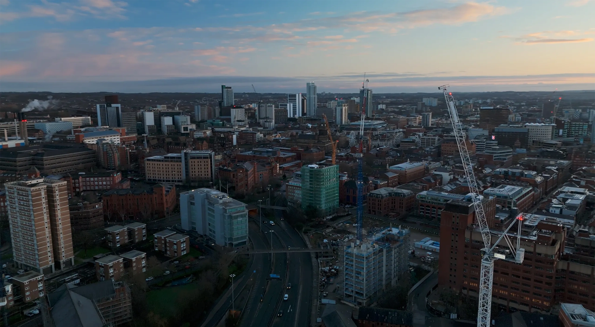 Aerial view of London skyscrapers and flats.