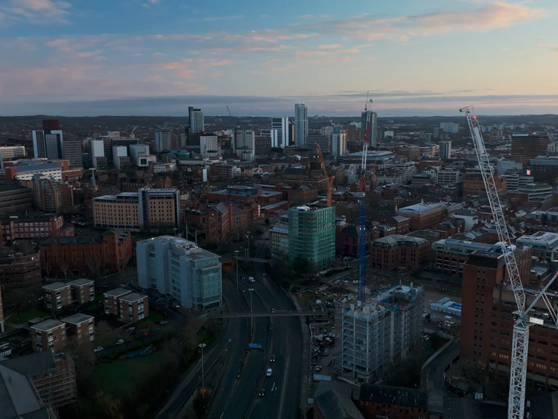 Aerial view of London skyscrapers and flats.