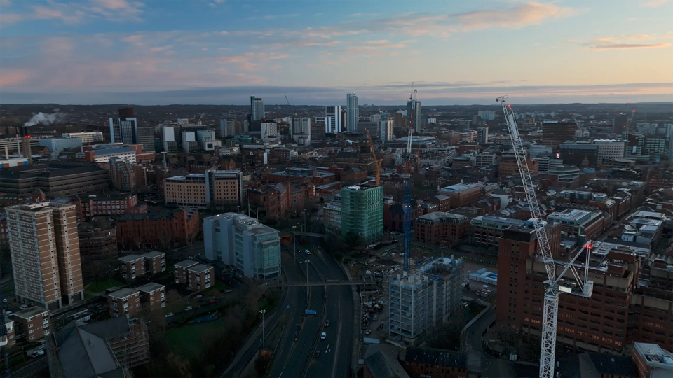 Aerial view of London skyscrapers and flats.