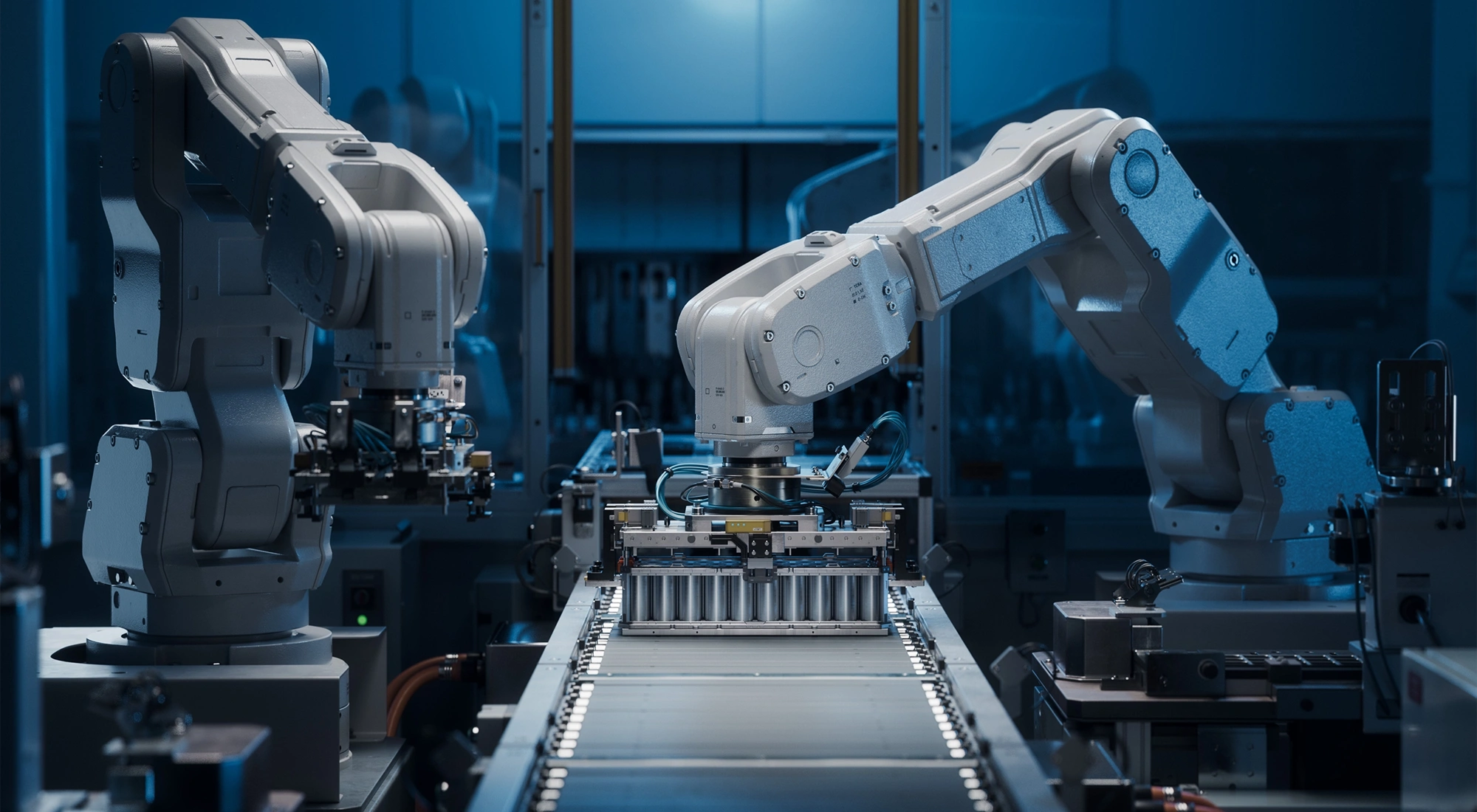 White Robot Arms on Automated EV Battery Components Production Line.