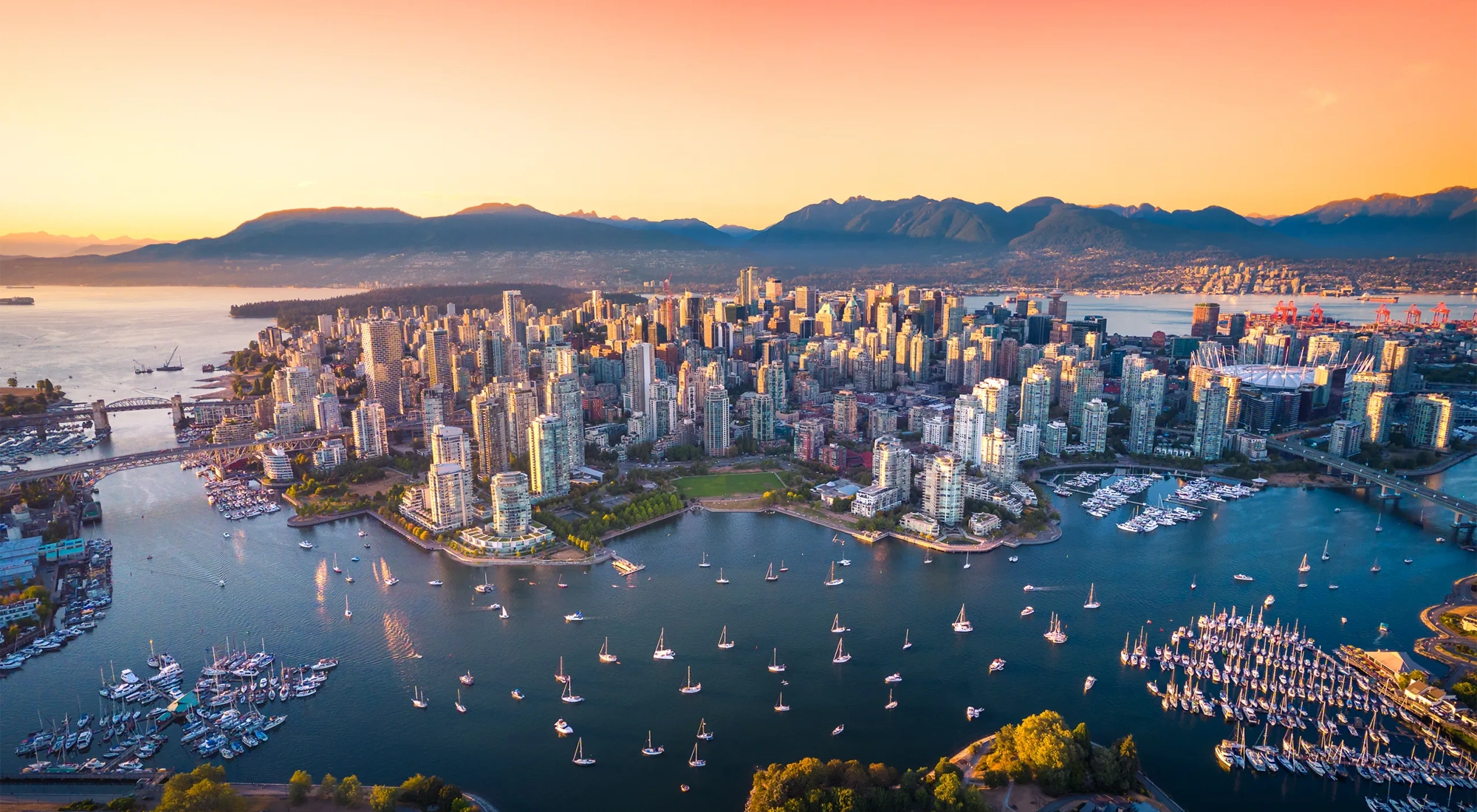 Aerial View Of Downtown Vancouver Skyline British Columbia Canada At Sunset