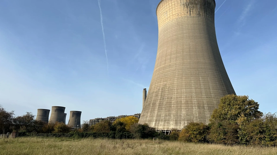 Drone point of view of Water Cooling Towers at Fiddlers Ferry Power Station. A coal fired power station located in Warrington, England.