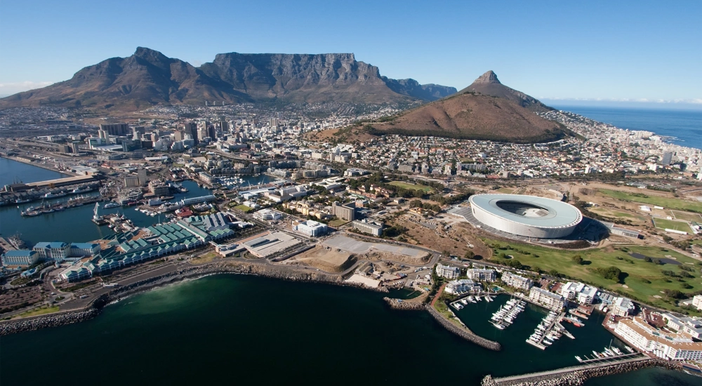 Aerial view of sports stadium by the coast