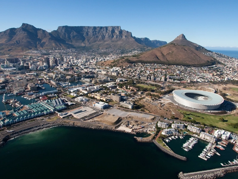 Aerial view of sports stadium by the coast