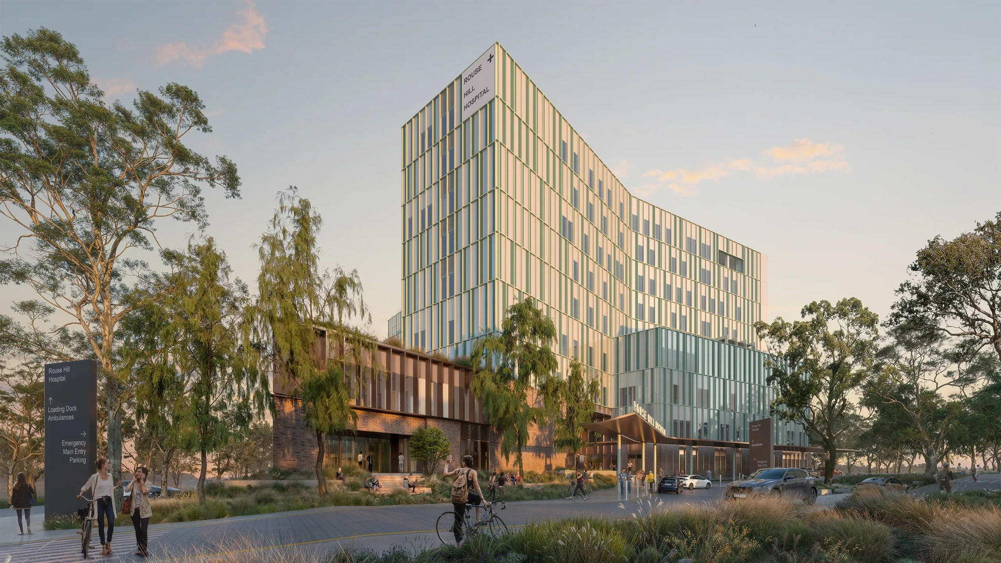Architectural rendering of a modern multi-storey glass office building of a curved facade, set within landscaped greenery. People are walking and cycling, with trees surrounding the entrance.