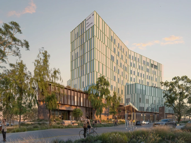 Architectural rendering of a modern multi-storey glass office building of a curved facade, set within landscaped greenery. People are walking and cycling, with trees surrounding the entrance.