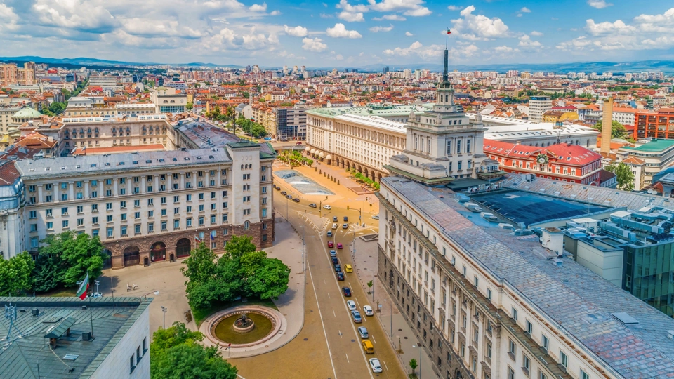 Wide aerial drone shot of downtown district, Sofia city, Bulgaria.
