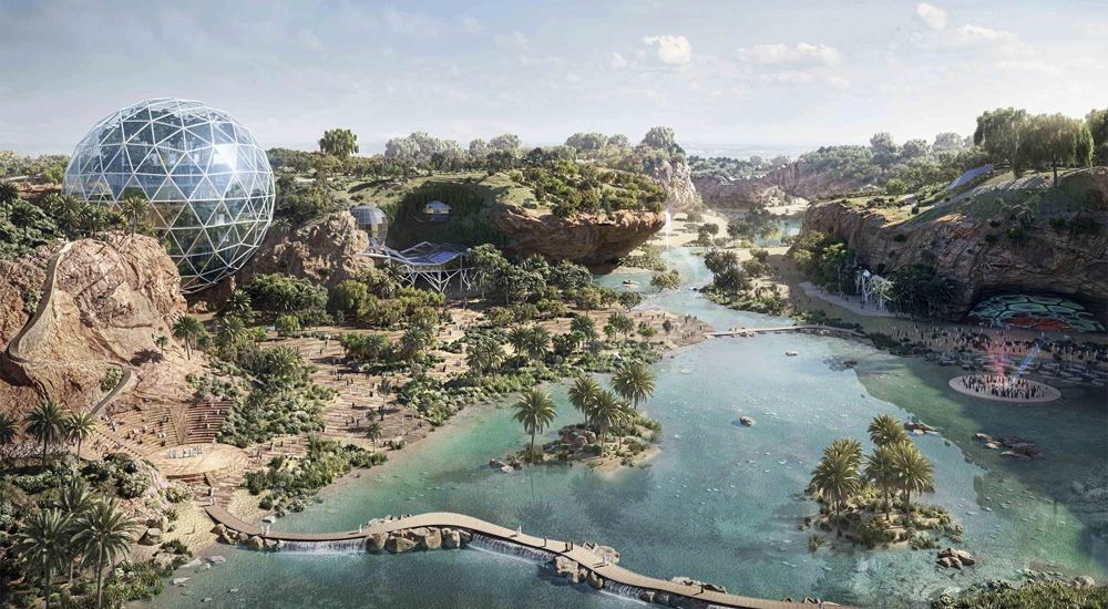 Rendering of King Salman Park, with tropical river and glass dome on rocky banks, Kingdom of Saudi Arabia