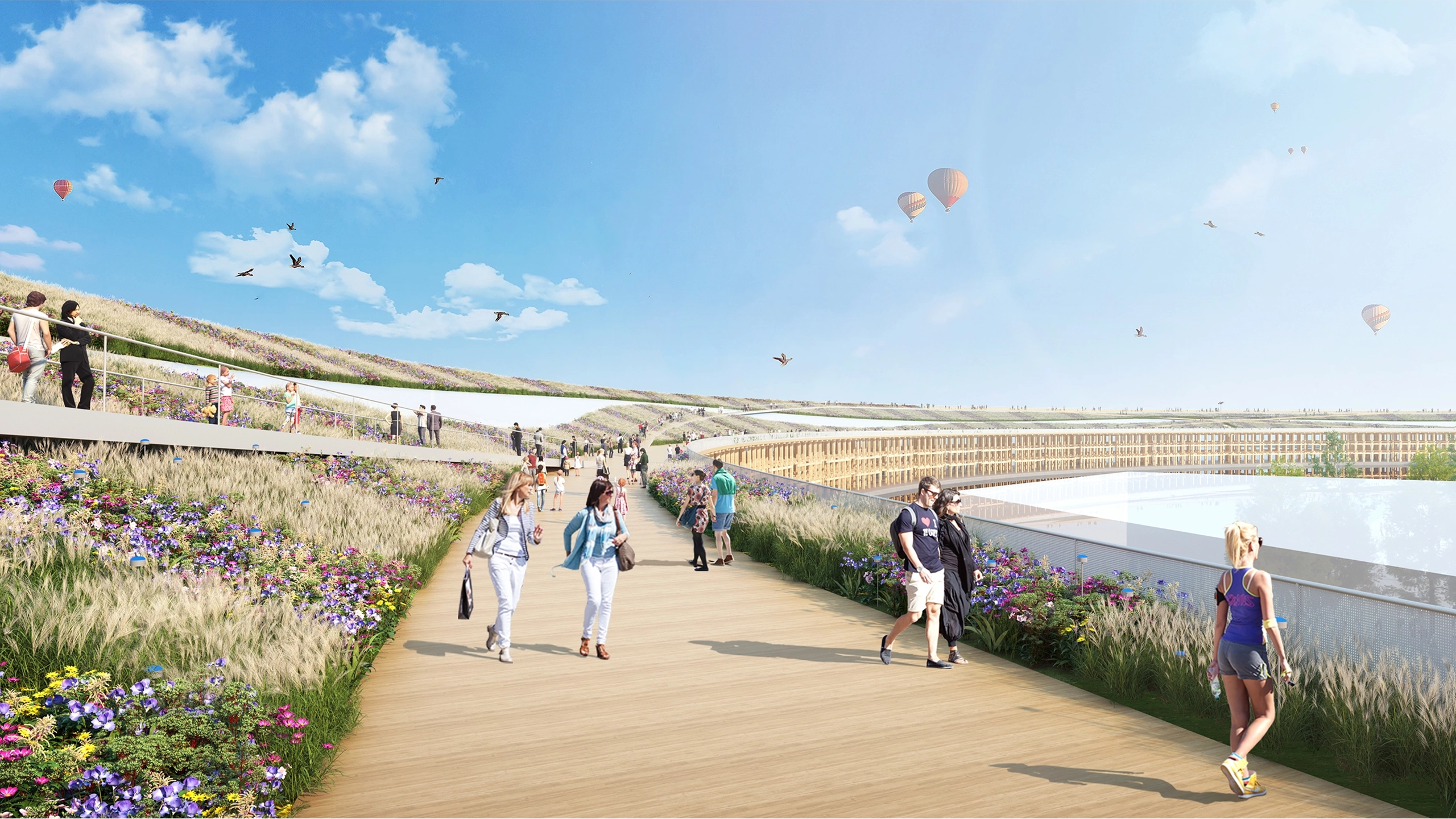 Rendered image of promenade with people walking and exercising and hot air balloons in the distance