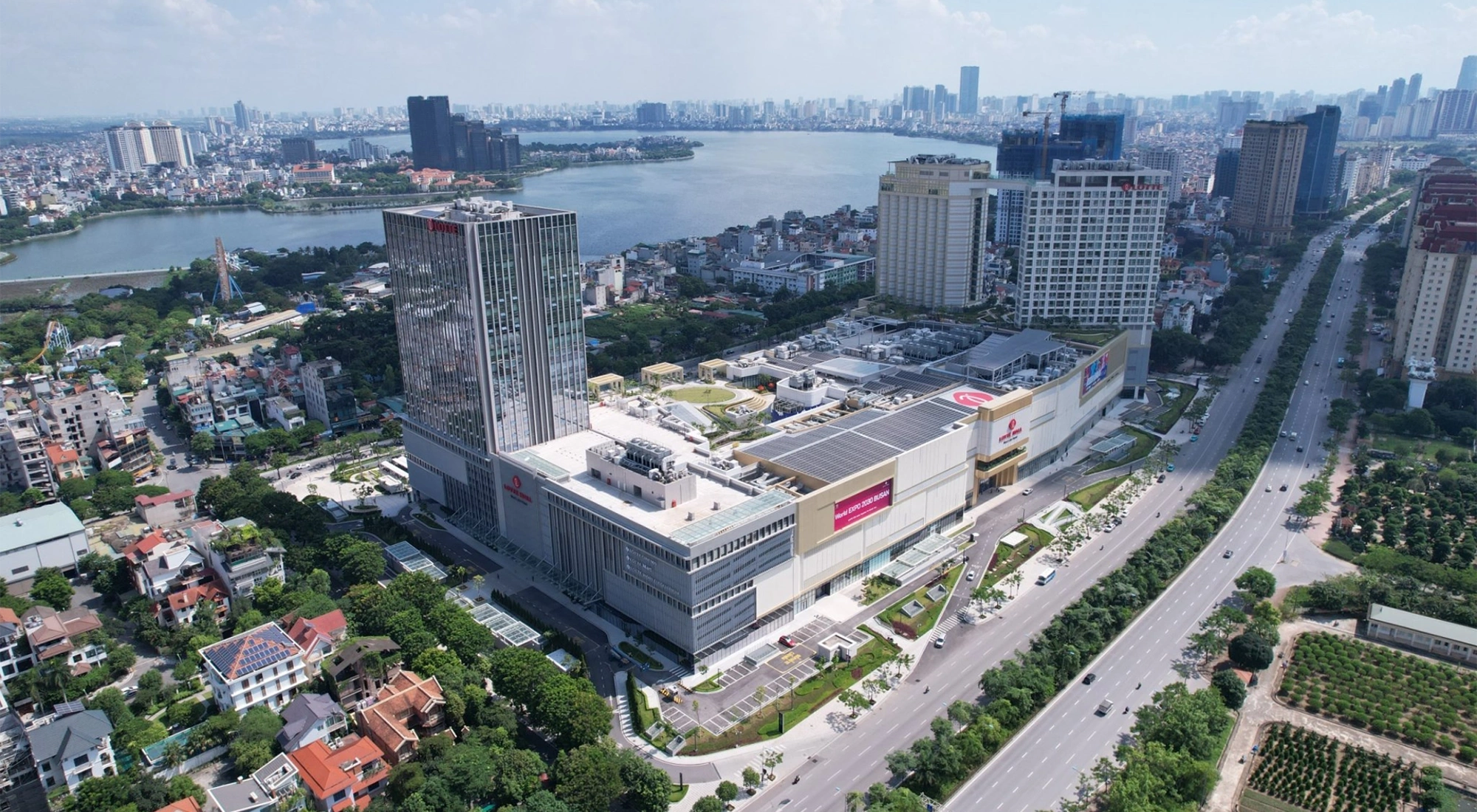 Aerial shot of Lotte Mall West Lake in Hanoi, Vietnam