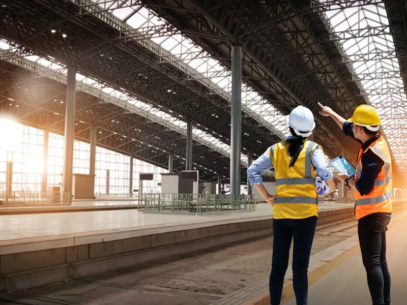 Engineers technician team checkup and analyzing an unfinished on railway station construction project with software and blueprint, Design and plan construction, Teamwork.